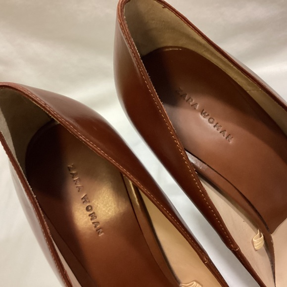 NEW ZARA WOMAN BROWN LEATHER PLATFORM PUMPS SZ 39 - Picture 7 of 13